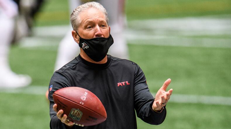 Atlanta Falcons offensive coordinator Dirk Koetter gestures before game against the Denver Broncos, Sunday, Nov. 8, 2020, at Mercedes-Benz Stadium in Atlanta. Atlanta won 34-27. (Danny Karnik/AP)