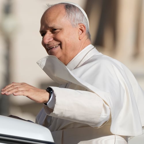 Pope Leo XIV arrives in St. Peter's Square on the occasion of the weekly general audience at the Vatican, Wednesday, Nov. 19, 2025. (AP Photo/Gregorio Borgia)