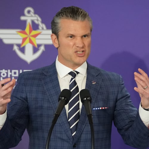 U.S. Defense Secretary Pete Hegseth speaks during a joint press conference with South Korean Defense Minister Ahn Gyu-back, following the 57th Security Consultative Meeting at the Defense Ministry in Seoul, South Korea, Tuesday, Nov. 4, 2025. (AP Photo/Lee Jin-man, Pool)