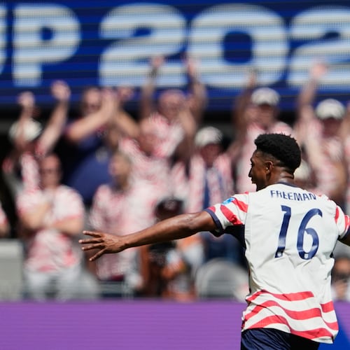 United States' Alex Freeman celebrates after scoring his side's second goal during the World Cup Group D soccer match between the United States and Australia in Seattle, Friday, June 19, 2026. (AP Photo/Lindsey Wasson)