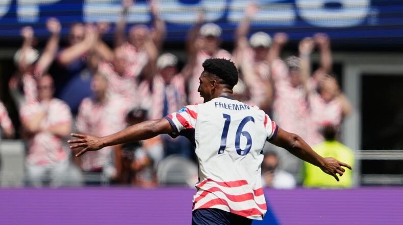 United States' Alex Freeman celebrates after scoring his side's second goal during the World Cup Group D soccer match between the United States and Australia in Seattle, Friday, June 19, 2026. (AP Photo/Lindsey Wasson)