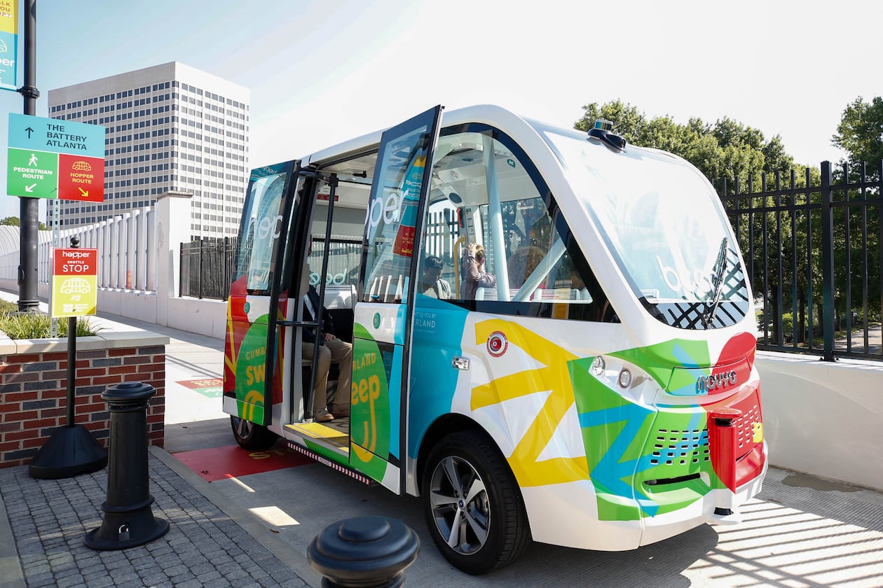 Beep will bring its autonomous shuttle to the Cumberland CID area, traveling among Truist Park and The Battery Atlanta, Cobb Convention Center, Cobb Energy Performing Arts Centre, Cumberland Mall and the Chattahoochee River National Recreation Area. (AJC 2023)