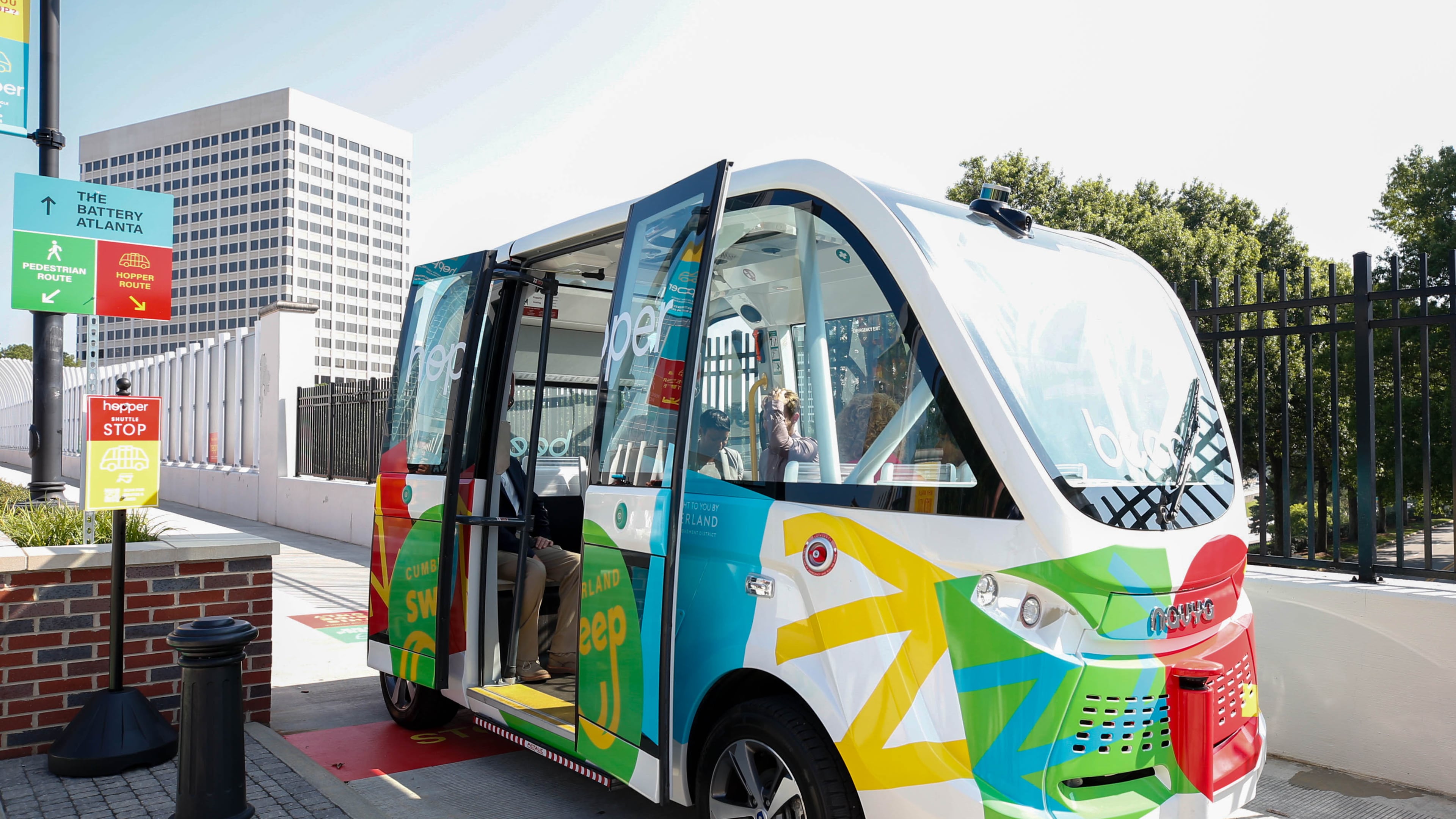 Beep will bring its autonomous shuttle to the Cumberland CID area, traveling among Truist Park and The Battery Atlanta, Cobb Convention Center, Cobb Energy Performing Arts Centre, Cumberland Mall and the Chattahoochee River National Recreation Area. (AJC 2023)