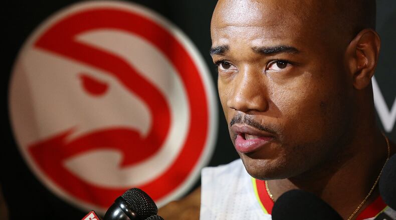 Jarrett Jack takes questions during Hawks media day on Sept. 26, 2016, in Atlanta. Curtis Compton /ccompton@ajc.com