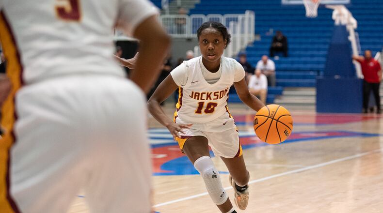 Taliah Cornish, a point guard from Jackosn, runs the ball down the court during the GHSA AAAAA girls Kell vs Jackson basketball semifinals playoff game at West Georgia College on March 3, 2023. Jamie Spaar for the Atlanta Journal-Constitution