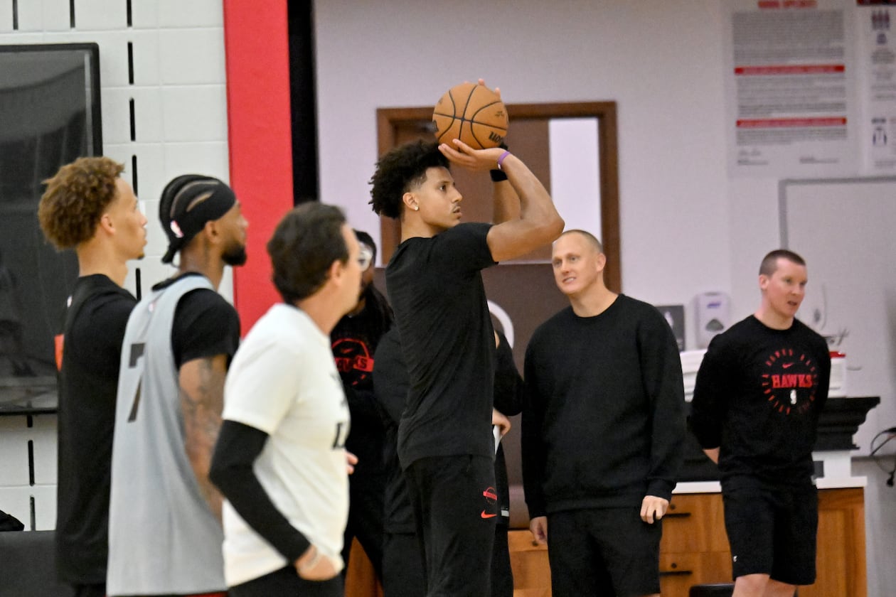 Hawks forward Jalen Johnson — pictured practicing during training camp in September — is coming off back-to-back triple-doubles. He had 21 points, 18 rebounds and a career-high 16 assists Friday in a loss to the Nuggets and 30 points, 12 rebounds and 12 assists in Saturday's win over the Wizards. (Hyosub Shin/AJC)