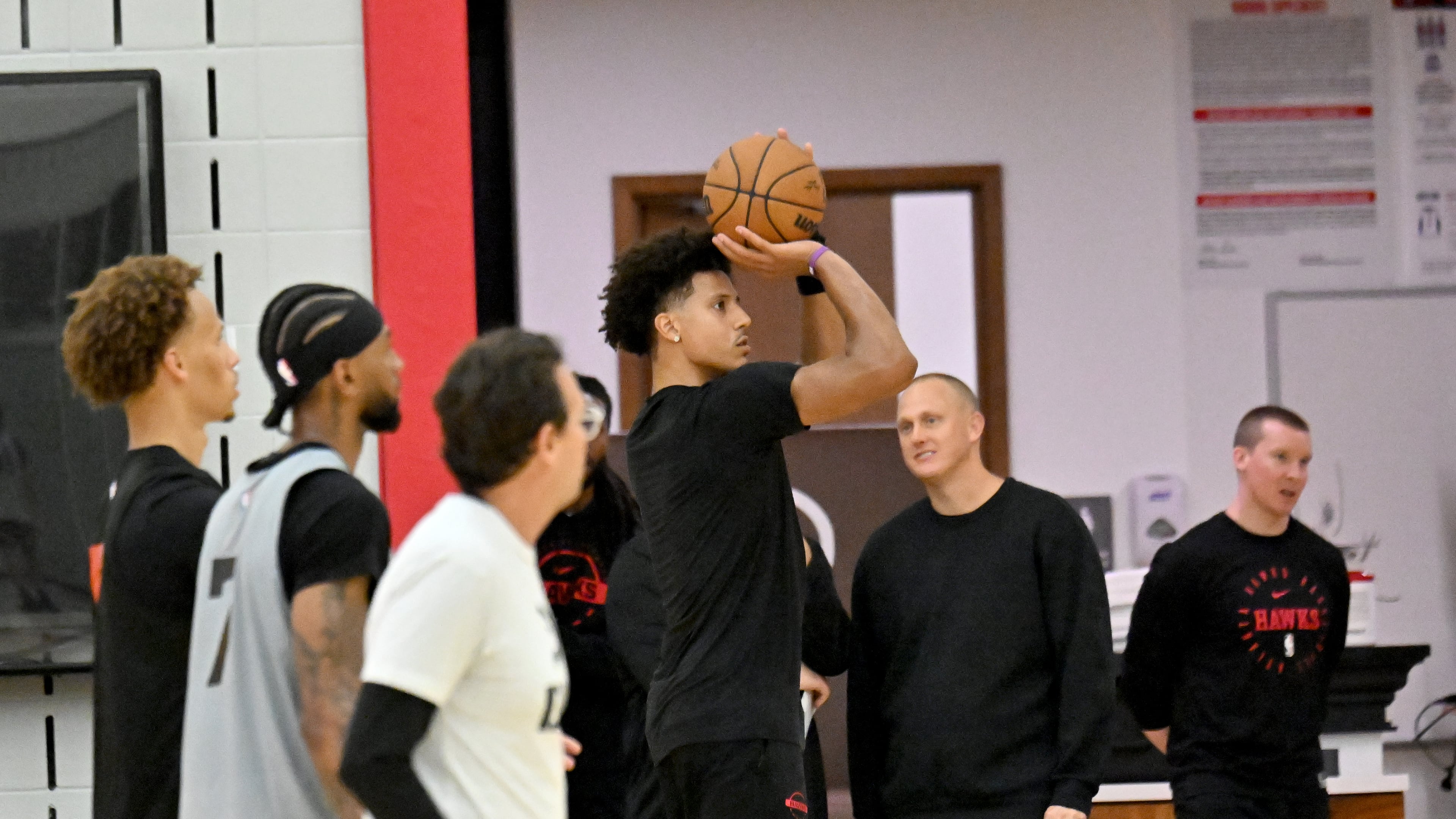 Hawks forward Jalen Johnson — pictured practicing during training camp in September — is coming off back-to-back triple-doubles. He had 21 points, 18 rebounds and a career-high 16 assists Friday in a loss to the Nuggets and 30 points, 12 rebounds and 12 assists in Saturday's win over the Wizards. (Hyosub Shin/AJC)
