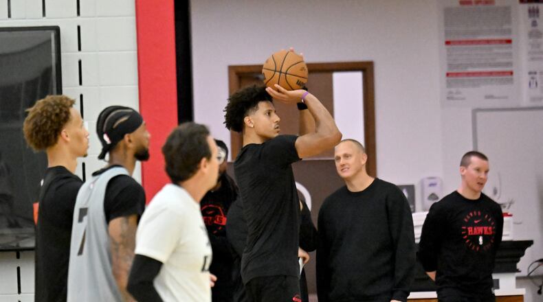 Hawks forward Jalen Johnson — pictured practicing during training camp in September — is coming off back-to-back triple-doubles. He had 21 points, 18 rebounds and a career-high 16 assists Friday in a loss to the Nuggets and 30 points, 12 rebounds and 12 assists in Saturday's win over the Wizards. (Hyosub Shin/AJC)