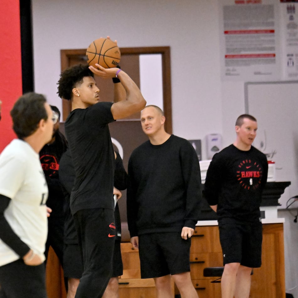 Hawks forward Jalen Johnson — pictured practicing during training camp in September — is coming off back-to-back triple-doubles. He had 21 points, 18 rebounds and a career-high 16 assists Friday in a loss to the Nuggets and 30 points, 12 rebounds and 12 assists in Saturday's win over the Wizards. (Hyosub Shin/AJC)