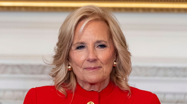 FILE - First lady Jill Biden speaks during an event at the White House in Washington, Jan. 16, 2025. (AP Photo/Alex Brandon, File)