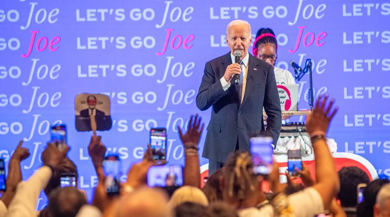 President Joe Biden drops in on the Democratic Party’s Watch Party at the Hyatt Regency Atlanta on Thursday, June 27, 2024. (Jenni Girtman for The Atlanta Journal-Constitution)