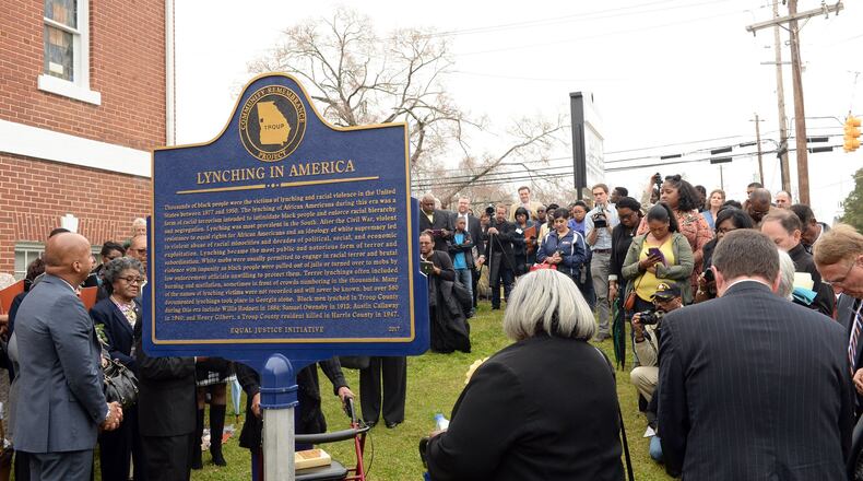 A historical marker discussing the history of lynchings and naming victims with ties to Troup County was unveiled in LaGrange in March 2017. KENT D. JOHNSON / AJC FILE PHOTO