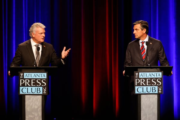 Republican U.S. Senate candidates Mike Collins (left)  and Derek Dooley. (Arvin Temkar/AJC)