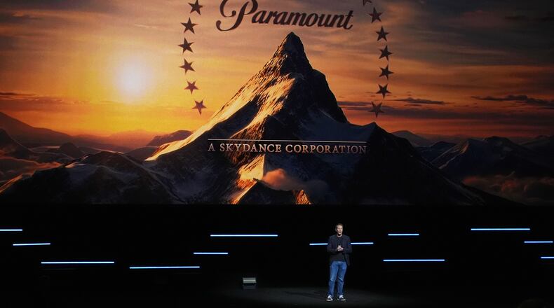 David Ellison, CEO of Paramount Skydance, speaks during the Paramount Pictures presentation at CinemaCon on Thursday, April 16, 2026, at Caesars Palace in Las Vegas. (AP Photo/Chris Pizzello)