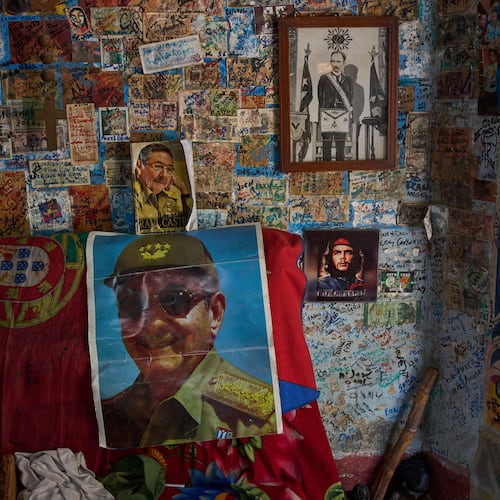 Images of Raul Castro, Che Guevara and Jose Marti decorate a wall in a souvenir shop in Havana, Tuesday, June 2, 2026. (AP Photo/Ramon Espinosa)