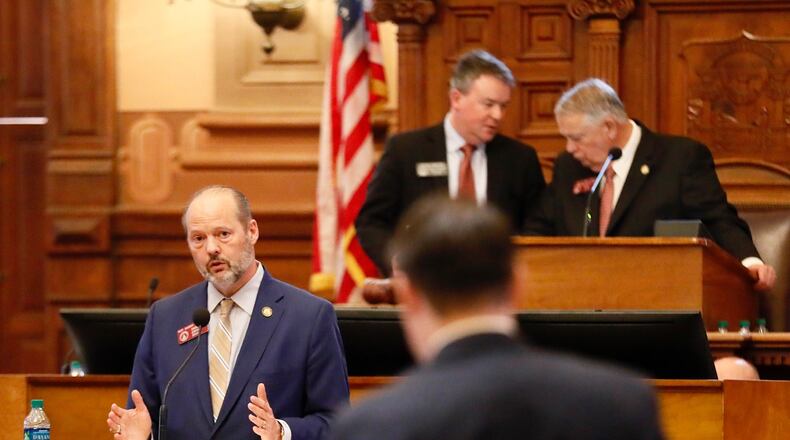 State Rep. Barry Fleming, a Republican from Harlem, answers a question about House Bill 316, which would switch Georgia to a voting system that combines touchscreens with paper ballots on Tuesday, Feb. 26, 2019. BOB ANDRES / bandres@ajc.com