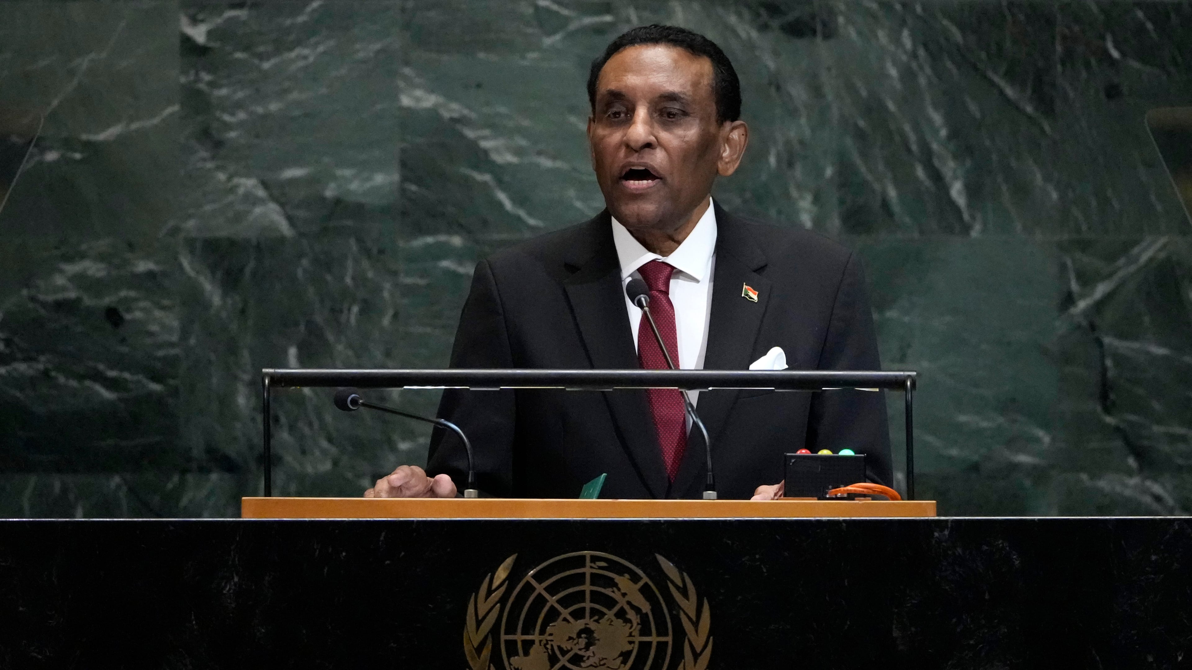 Transitional prime minister of Sudan Kamil El-Tayeb Idris addresses the 80th session of the United Nations General Assembly, Thursday, Sept. 25, 2025, at U.N. headquarters. (AP Photo/Pamela Smith)
