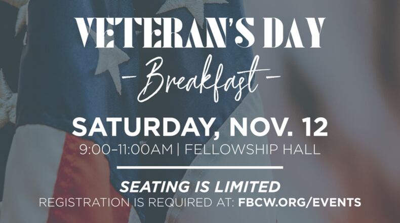 Hosted by the Cherokee Veterans Community, Nov. 6 is the deadline for signing up for the free Veterans Day Breakfast on Nov. 12 at the First Baptist Church of Woodstock. (Courtesy of Cherokee Veterans Community)