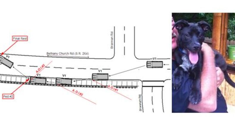 A diagram of the car’s path during the accident and the missing dog. (Credit: Gwinnett Police Department)