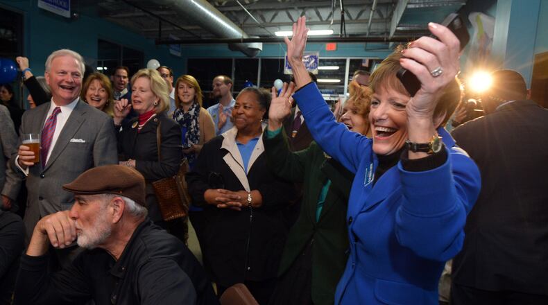 Atlanta City Council Post 2 At-Large candidate Mary Norwood cheers with supporters at her campaign headquarters on Nov. 5, 2013.