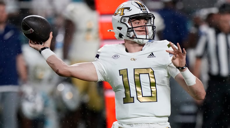 Georgia Tech quarterback Haynes King passes during the first half of an NCAA college football game against Miami, Saturday, Oct. 7, 2023, in Miami Gardens, Fla. (AP Photo/Wilfredo Lee)