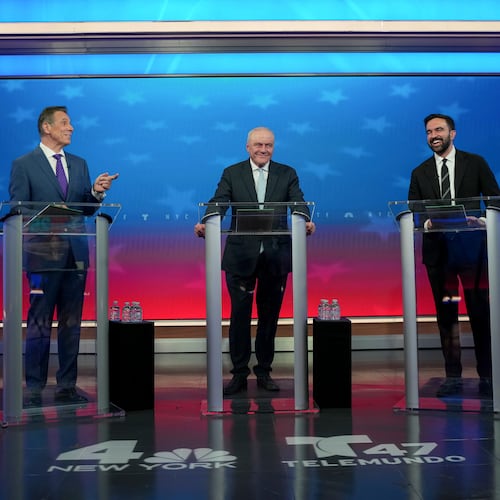 From left, Mayoral candidates, Independent candidate former New York Gov. Andrew Cuomo, Republican candidate Curtis Sliwa, and Democratic candidate Zohran Mamdani participate in a debate, Thursday, Oct. 16, 2025, in New York. (AP Photo/Angelina Katsanis, Pool)