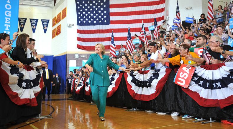 Hillary Clinton arrives at a Wednesday campaign rally where she talked about her economic plan in Des Moines, Iowa. Emory U.’s Alan Abramowitz says his prediction model says she should be the underdog in this presidential campaign. But he doesn’t believe it. Steve Pope/Getty Images