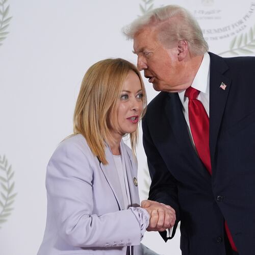 FILE -President Donald Trump greets Italy's Prime Minister Giorgia Meloni during summit to support ending the more than two-year Israel-Hamas war in Gaza after a breakthrough ceasefire deal, Oct. 13, 2025, in Sharm El Sheikh, Egypt. (AP Photo/Evan Vucci, Pool, File)