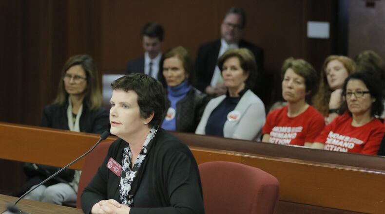 State Rep. Mandi Ballinger, R-Canton, testifies before the House Public Safety Committee about House Bill 280, which would allow concealed weapons on most parts of public college campuses.