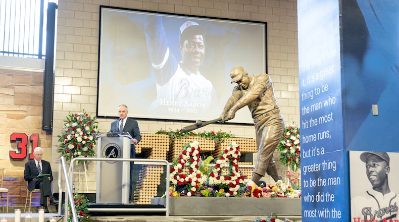 MLB Commissioner Rob Manfred speaks during "A Celebration of Henry Louis Aaron," a memorial service celebrating the life and enduring legacy of the Hall of Famer and American icon, on Tuesday at Truist Park. Photo by Kevin D. Liles/Atlanta Braves