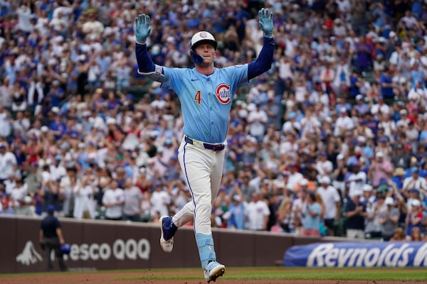 Chicago Cubs' Pete Crow-Armstrong runs the bases after hitting a home run against the St. Louis Cardinals during the first inning of a baseball game Friday, July 4, 2025, in Chicago. (AP Photo/David Banks)