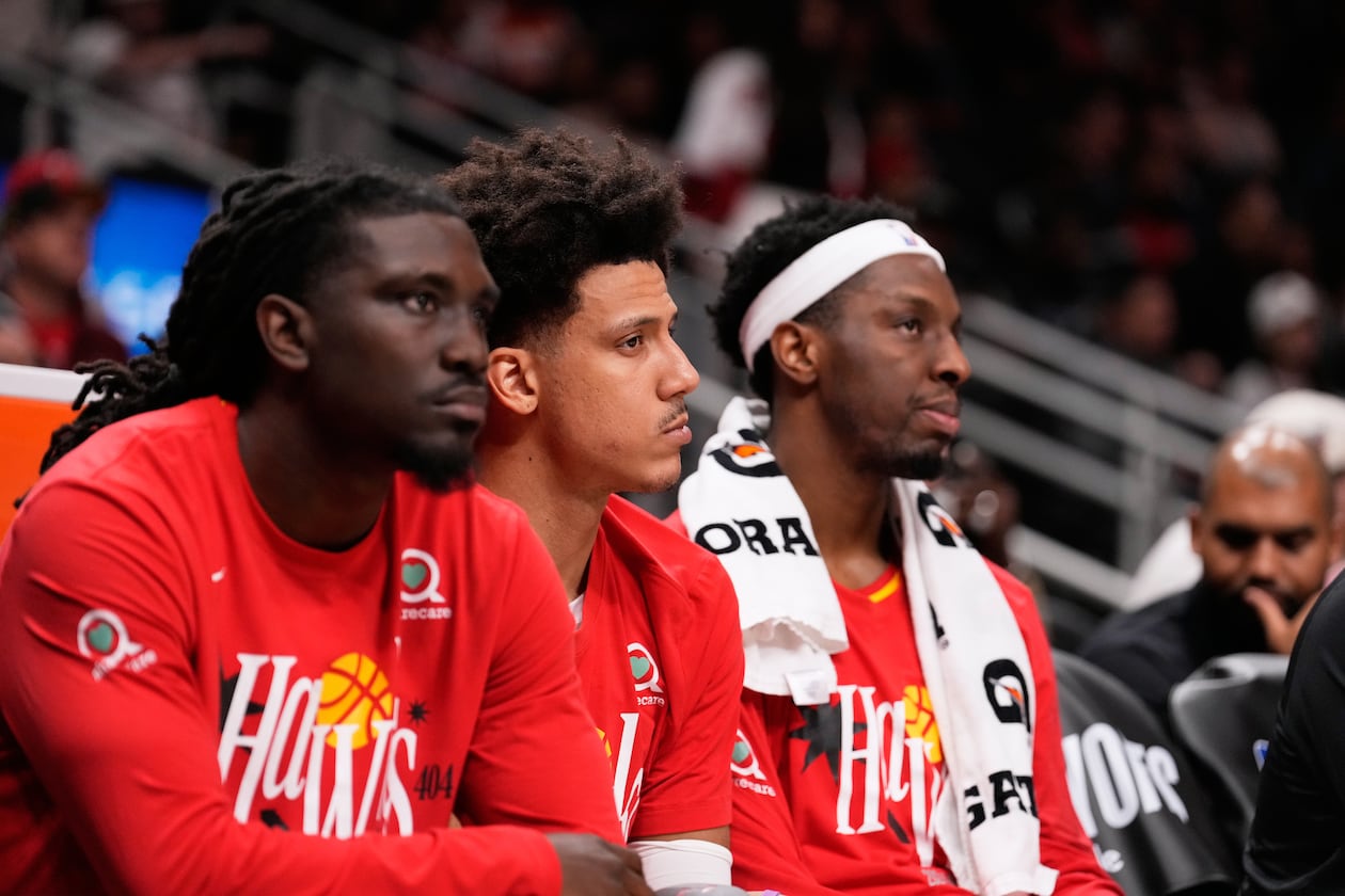 Atlanta Hawks forward Jalen Johnson looks on after Game 6 in a first-round NBA basketball playoffs series against the New York Knicks Thursday, April 30, 2026, in Atlanta. (Brynn Anderson/AP)