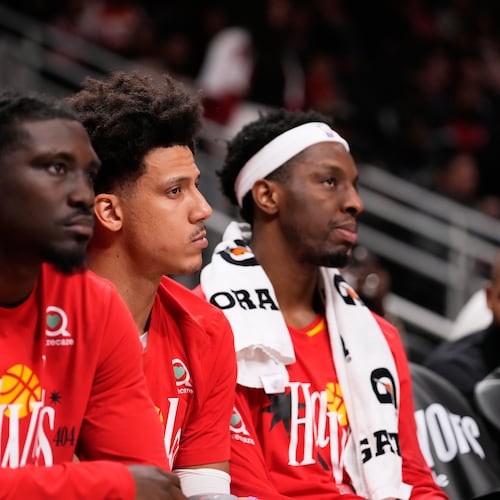 Atlanta Hawks forward Jalen Johnson looks on after Game 6 in a first-round NBA basketball playoffs series against the New York Knicks Thursday, April 30, 2026, in Atlanta. (Brynn Anderson/AP)