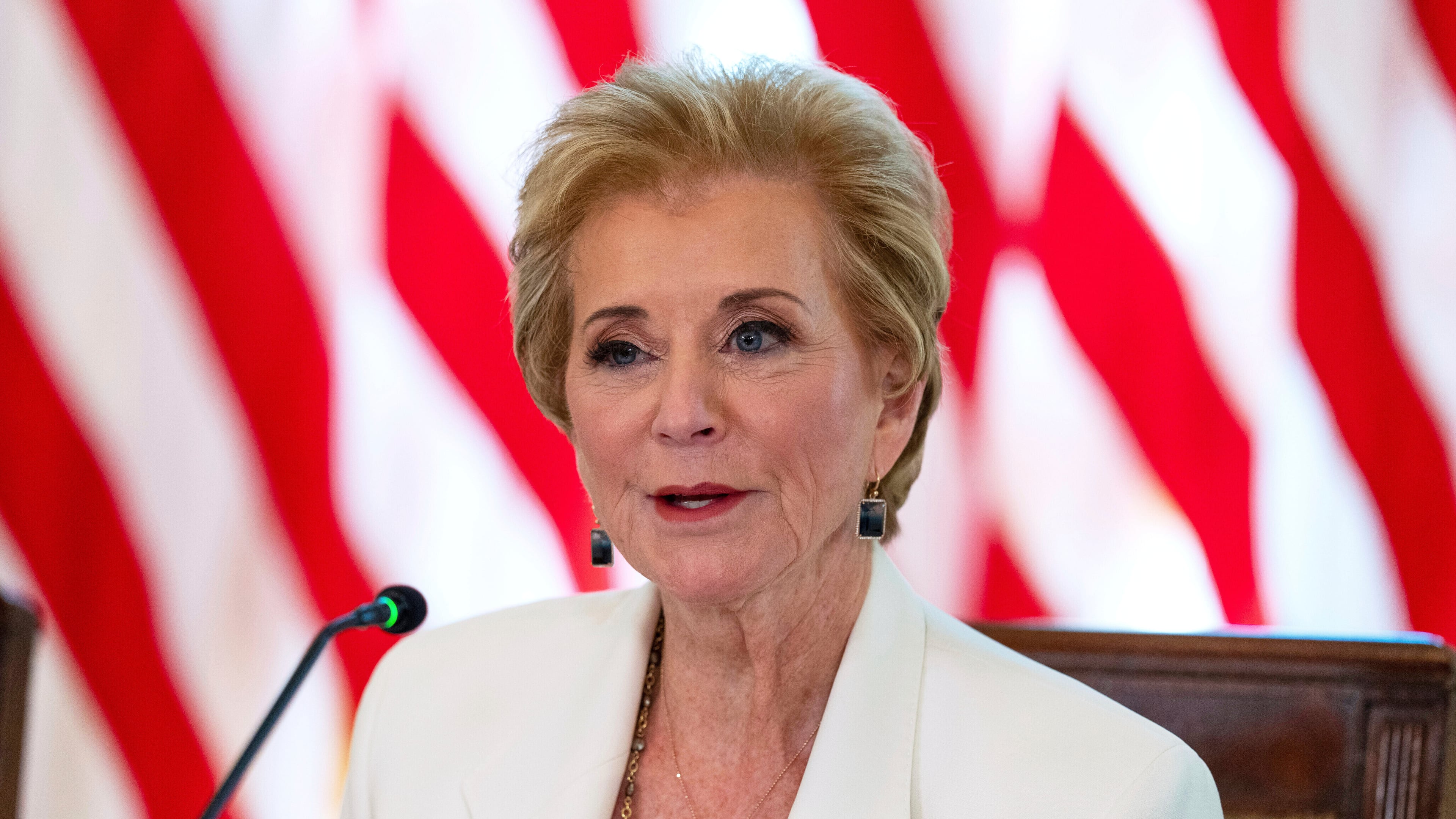 FILE - Education Secretary Linda McMahon speaks during a meeting in the East Room of the White House, Sept. 4, 2025, in Washington. (AP Photo/Alex Brandon, File)