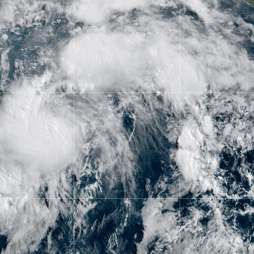 This GOES-19 GeoColor satellite image provided by NOAA shows Tropical Storm Genevieve in the Eastern Pacific on Friday, July 24, 2026. (NOAA via AP)