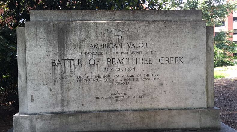 The Battle of Peachtree Creek monument was disassembled and is being stored during construction by Piedmont Healthcare.