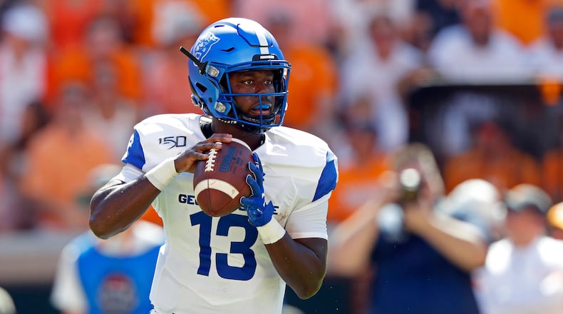 Georgia State quarterback Dan Ellington (13) looks for a receiver in the first half of an NCAA college football game against Tennessee, Saturday, Aug. 31, 2019, in Knoxville, Tenn. (AP Photo/Wade Payne)