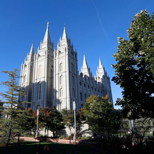 FILE - The Salt Lake Temple stands at Temple Square in Salt Lake City, Oct. 5, 2019. (AP Photo/Rick Bowmer, File)