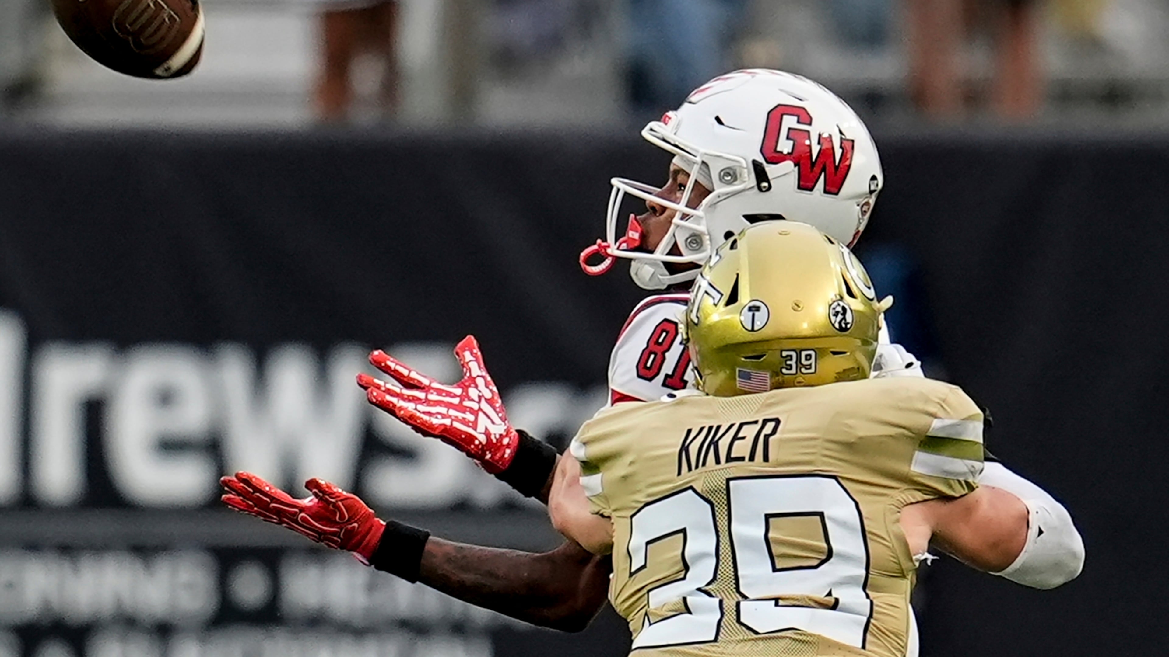 Gardner-Webb wide receiver Sean Brady works for a catch against Georgia Tech defensive back Will Kiker on Saturday, Sept. 6, 2025, in Atlanta. Kiker, a sophomore who Tech players usually point to as one of the strongest players on the team, leads the Jackets with special-teams snaps played with 93. (Mike Stewart/AP)