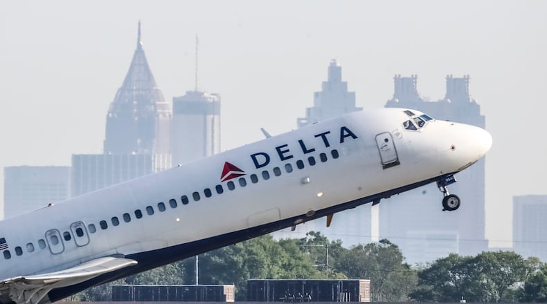 April 27, 2021. A Delta Air Lines jet takes off from Hartsfield-Jackson International Airport. (John Spink / John.Spink@ajc.com)