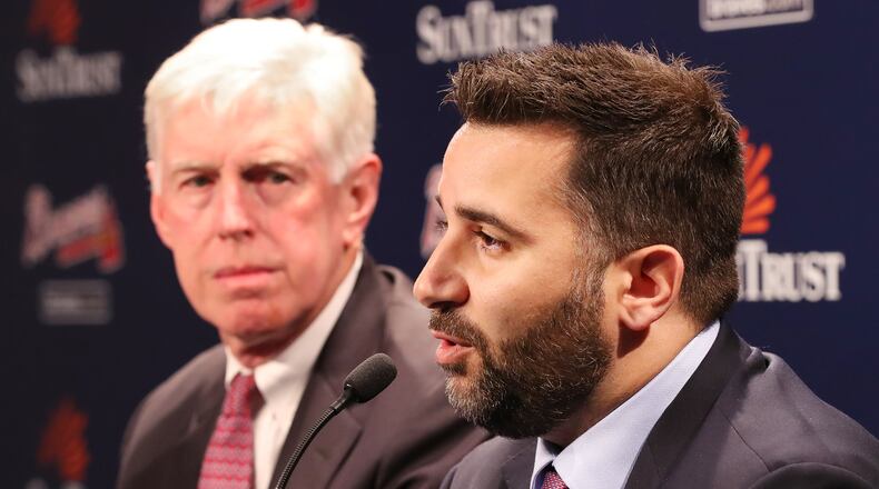 Braves chairman and CEO Terry McGuirk introduces new general manager Alex Anthopoulous during a press conference Monday at SunTrust Park.