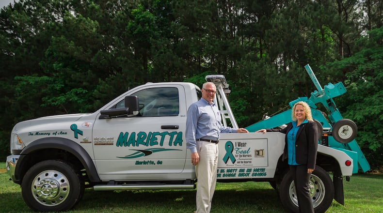 Family members and business owners for Marietta Wrecker Services have kicked off a campaign to raise awareness and educate the community about ovarian cancer, in partnership with the Georgia Ovarian Cancer Alliance. Contributed by Marietta Wrecker Service.