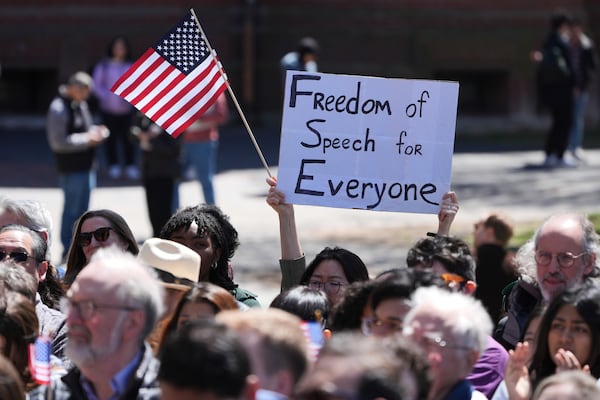 Students, faculty and members of the Harvard University community rally, Thursday, April 17, 2025, in Cambridge, Mass. (AP Photo/Charles Krupa)