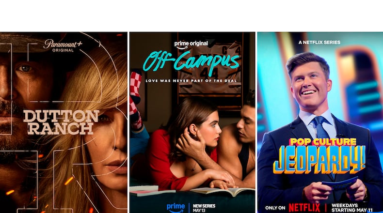 This combination of images shows promotional art for "Dutton Ranch," from left, "Off Campus," and "Pop Culture Jeopardy!" (Paramount+/Prime/Netflix via AP)