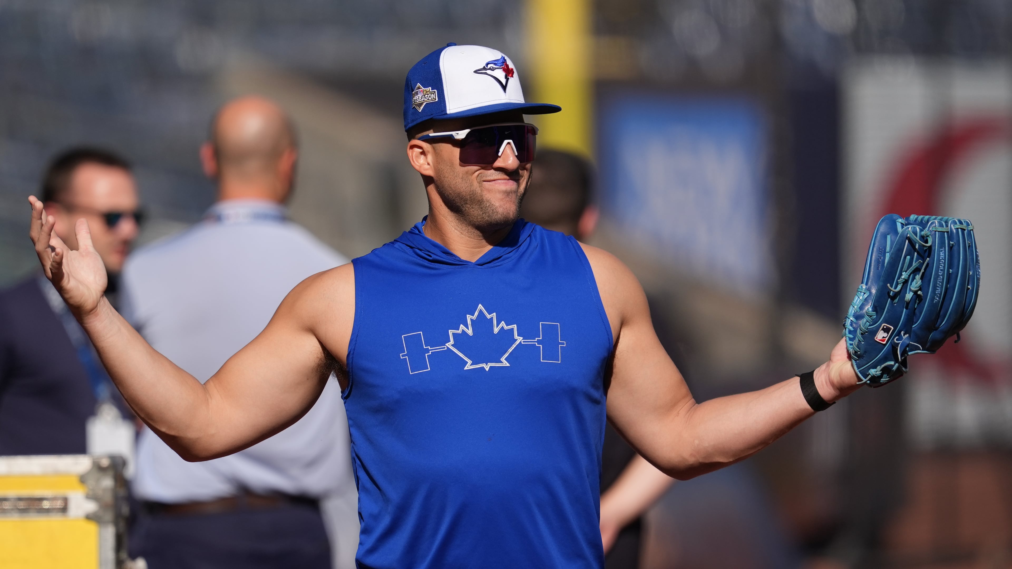 Toronto Blue Jays' George Springer walks on the field during batting practice at Yankee Stadium in New York, Monday, Oct. 6, 2025. (AP Photo/Seth Wenig)