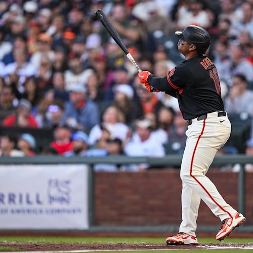 San Francisco Giants' Rafael Devers (16) hits a three-run home run for his second of the night during the third inning of a baseball game Atlanta Braves, Saturday, June 27, 2026, in San Francisco (AP Photo/Justine Willard)