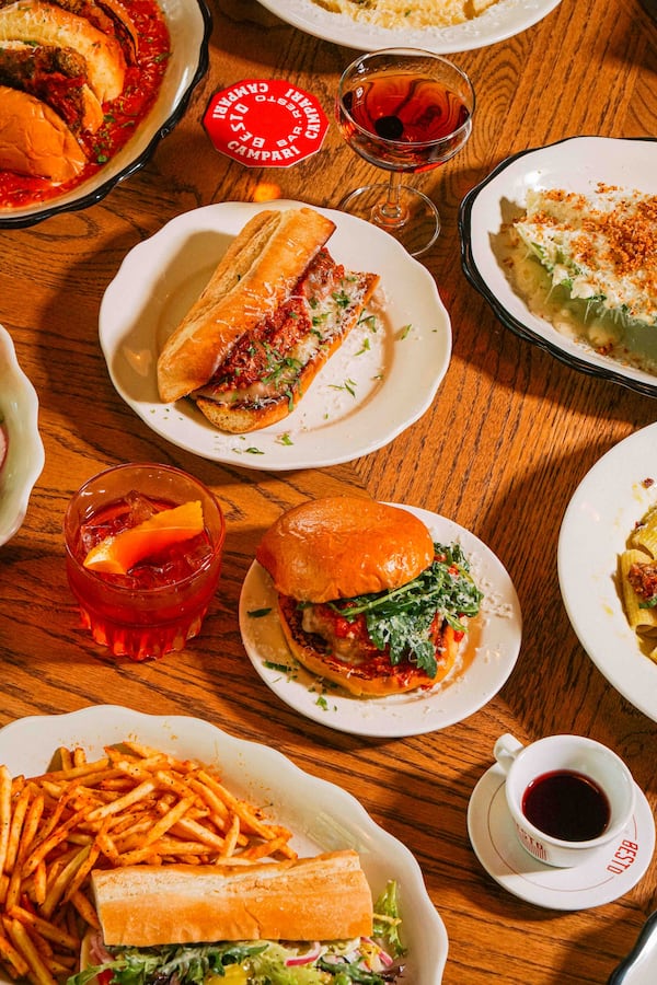 A variety of Italian food items arrayed on a restaurant table.