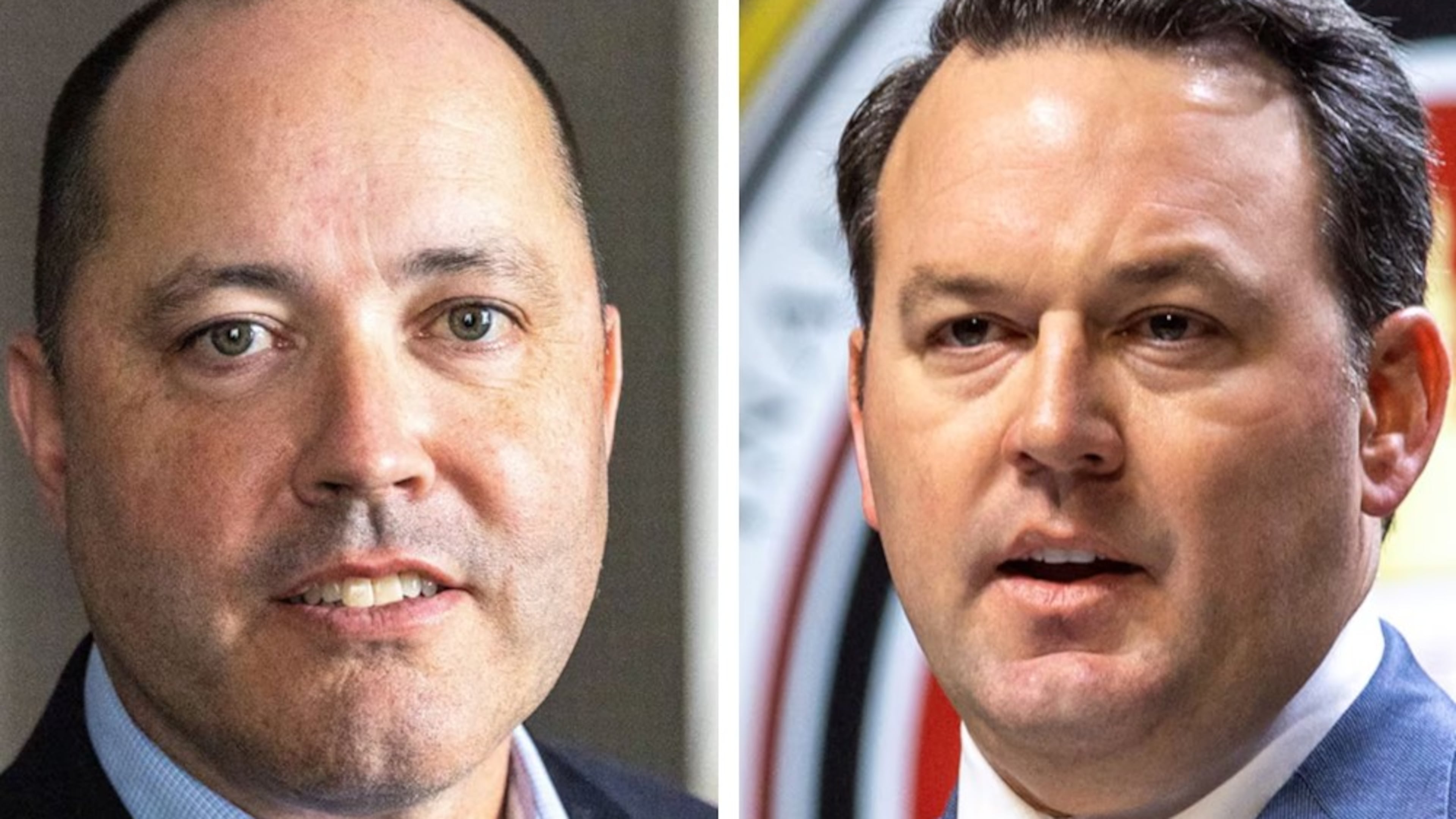 Attorney General Chris Carr (left) and Lt. Gov. Burt Jones are gearing up to compete for the Republican nomination for governor in 2026. Jones is one of the biggest beneficiaries of what are called leadership committees. He has amassed $2.5 million in his account. But Carr is forbidden from using the same committee to raise unlimited donations because of the way the legislation is constructed. (AJC file photos)