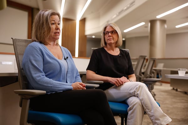(Left to right) Emory researchers Dana Barr and Melanie Pearson discuss the results from a study where they tested the blood of Northwest Georgia residents for PFAS at the Rollins School of Public Health on Wednesday, June 11, 2025. (Natrice Miller/ AJC)