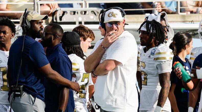 Georgia Tech head coach Brent Key watches his team play BYU during the first half of the Pop-Tarts Bowl game Saturday, Dec. 27, 2025, in Orlando, Fla. (Kevin Kolczynski/AP)